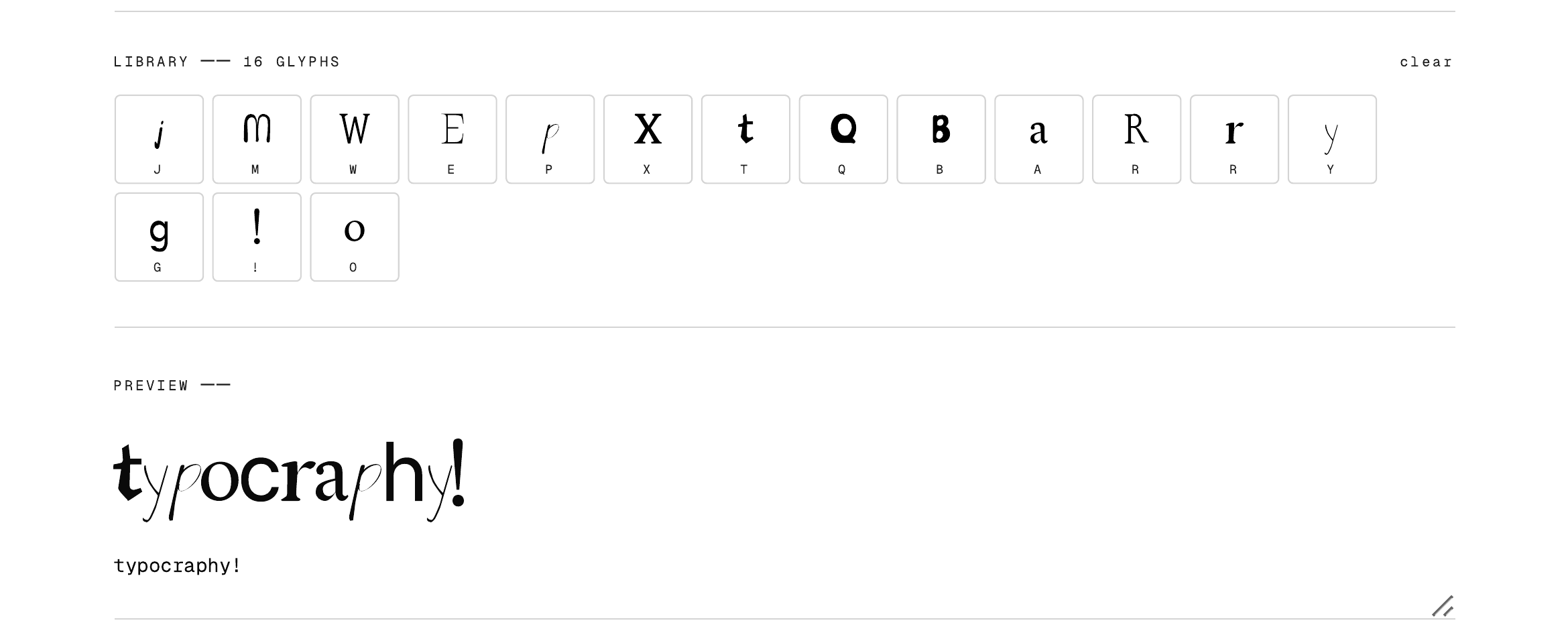 Bottom of the Glyf interface: the preview row spelling 'typocraphy!' composed live from the saved library, with the same word echoed in monospace below.