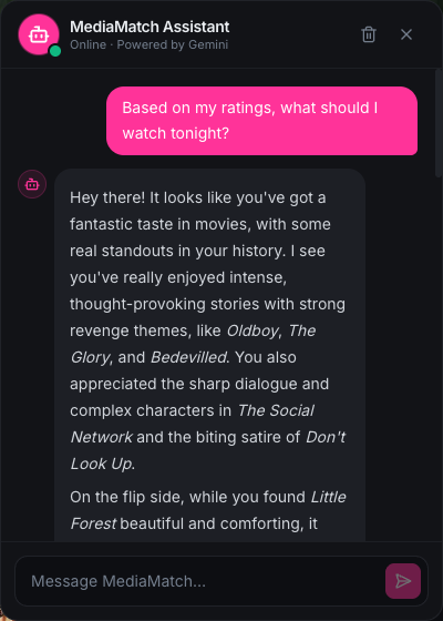 Floating Gemini chatbot replying to a natural language taste query