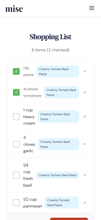 Mobile shopping list