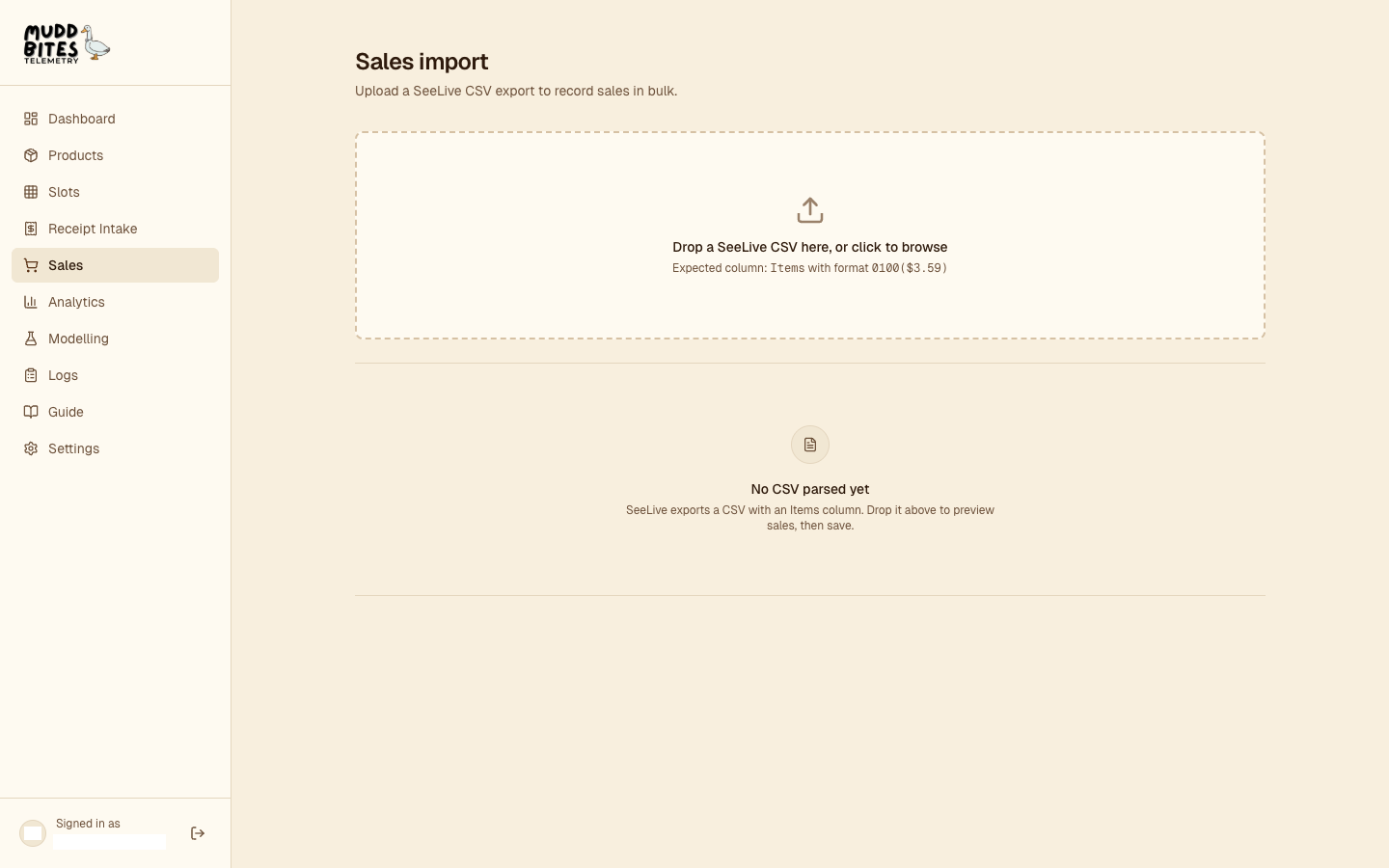 Sales page: CSV dropzone at top, parsed sales table below with slot ID, matched product, price, date, and mapped/unmapped status.