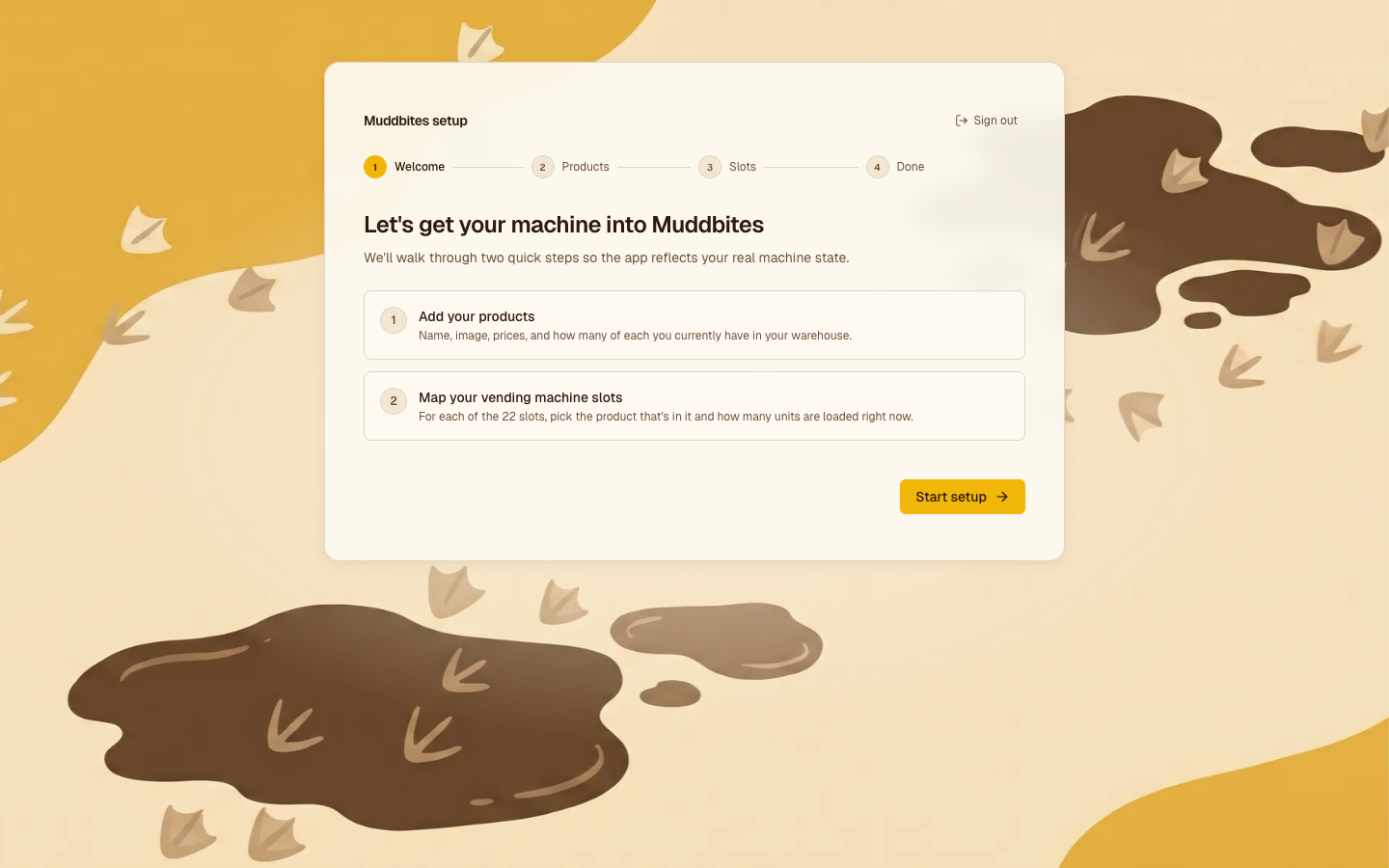 Onboarding wizard: welcome screen, products step (name, purchase price, sale price, units per box, category), and slot mapping step.